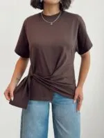 Kahverengi Bel Bağlamalı T-Shirt