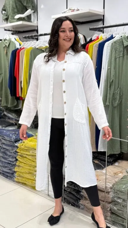 Beyaz Müslin Nakışlı Gömlek Elbise