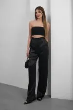 Siyah Floş Saten Pantolon