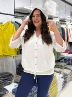 Beyaz Pamuk Nakışlı Kapüşonlu Hırka