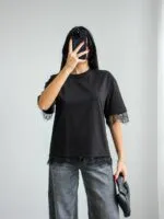 Siyah Dantel Desen T-Shirt