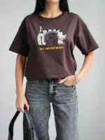 Kahverengi Cat Baskılı T-Shirt