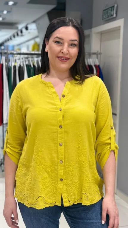 Olive Eteği Desenle 100% Pamuk Gömlek