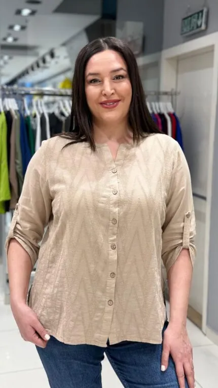 Bej Baklava Desenli 100% Pamuk Gömlek