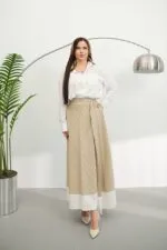 Bej Çizgili Poplin Etek