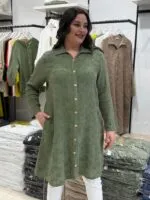Haki Çiçek Desenli 100% Pamuk Tunik Gömlek