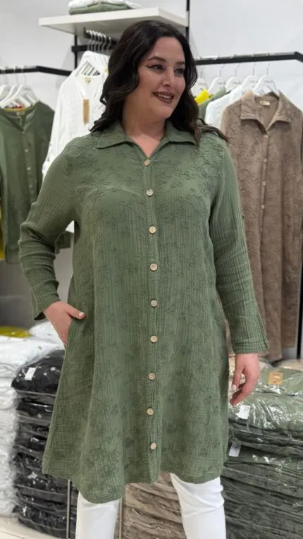 Haki Çiçek Desenli 100% Pamuk Tunik Gömlek
