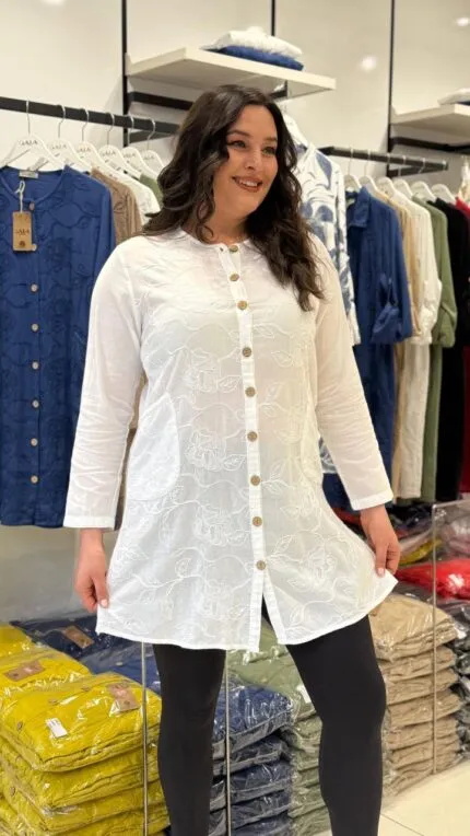 Beyaz Desenli Cepli 100% Pamuk Tunik Gömlek