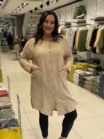 Bej Sırt Detaylı 100% Pamuk Tunik Gömlek