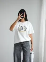 Beyaz Cat Baskılı T-Shirt