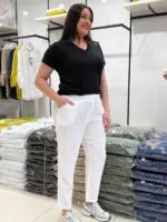 Beyaz Belden Bağcıklı 100% Pamuk Pantolon