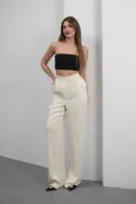 Bej Floş Saten Pantolon