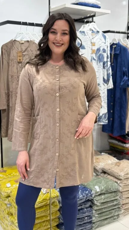 Bej Çiçek Desenli Cepli 100% Pamuk Tunik Gömlek