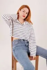 Polo Yaka Lacivert Çizgili Toptan Crop Sweatshirt