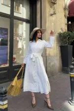 Düğmeli Uzun Boy Kot Elbise 3047