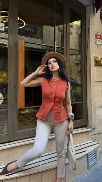 Belden Oturtmalı Düğmeli Kot Yelek 6086