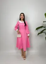 1001 MİDİ BEBE YAKA ELBİSE - PEMBE