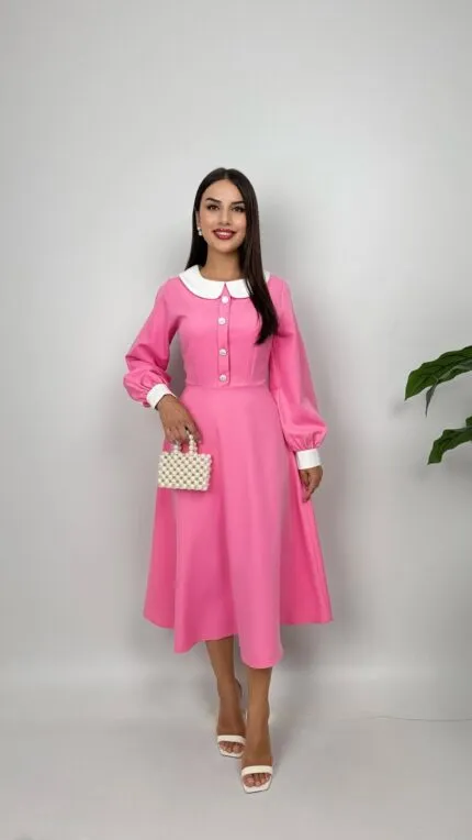 1001 MİDİ BEBE YAKA ELBİSE - PEMBE