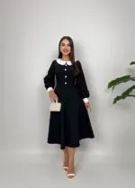 1001 MİDİ BEBE YAKA ELBİSE - SİYAH