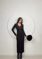 1014 V YAKA ÖRME ELBİSE - SİYAH