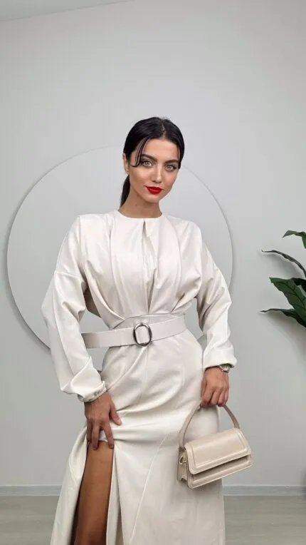 1017 PİLELİ KEMERLİ UZUN ELBİSE - TAŞ
