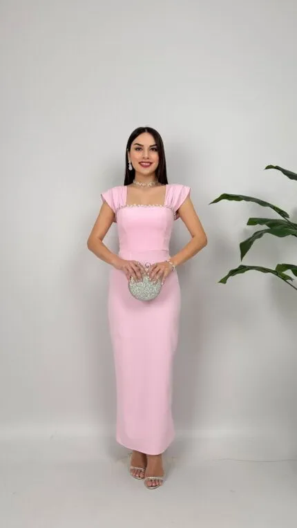 1022 GÖGÜS ELİŞİ DETAY ELBİSE - PEMBE