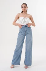 Kadın Wideleg Açık Jeans Pantalon Beyaz