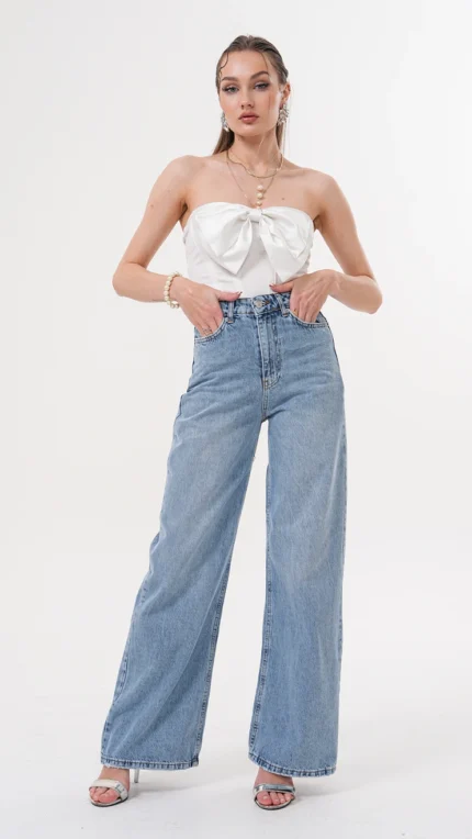 Kadın Wideleg Açık Jeans Pantalon Beyaz