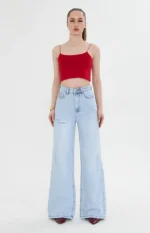 Kadın Wideleg Açık Jeans Pantalon Kırmızı