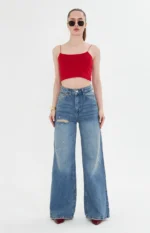 Kadın Wideleg Açık Jeans Pantalon Kırmızı Gözlüklü