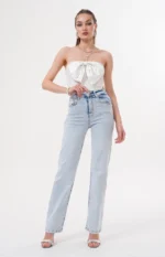 Kadın Wideleg Açık Jeans Pantalon Beyaz Antrasit Alt