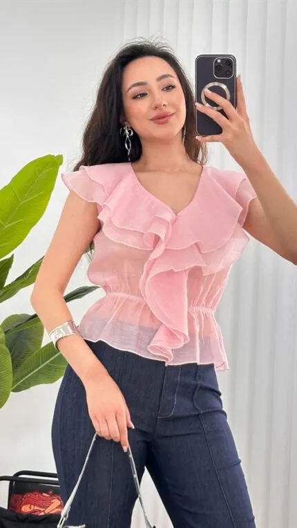 Fırfırlı Beli Lastikli Toptan Pembe Bluz