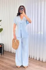 Tek Düğme Beli Bağlamalı Keten Toptan Bebe Mavisi İkili Takım