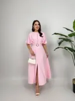 2056 ATLAS KUMAŞ KEMERLİ ELBİSE - PEMBE
