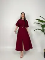 2056 ATLAS KUMAŞ KEMERLİ ELBİSE - BORDO