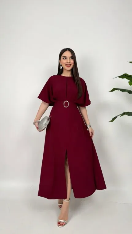 2056 ATLAS KUMAŞ KEMERLİ ELBİSE - BORDO