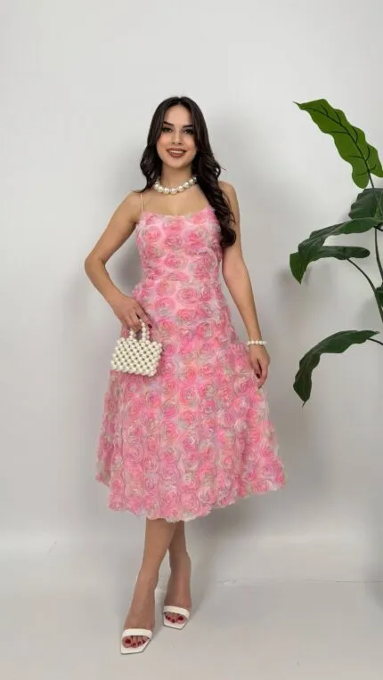 2081 İTHAL GÜL DESEN ELBİSE - PEMBE