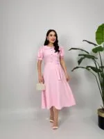 2111 BEBE YAKA KUŞAKLI MİDİ ELBİSE - PEMBE