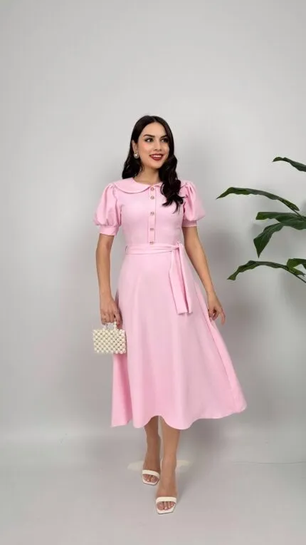 2111 BEBE YAKA KUŞAKLI MİDİ ELBİSE - PEMBE