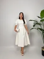 2111 BEBE YAKA KUŞAKLI MİDİ ELBİSE - BEYAZ