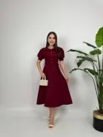 2111 BEBE YAKA KUŞAKLI MİDİ ELBİSE - BORDO