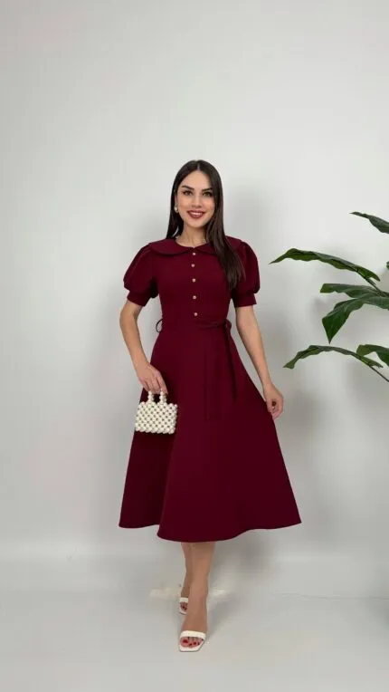 2111 BEBE YAKA KUŞAKLI MİDİ ELBİSE - BORDO