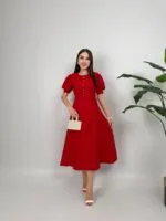 2111 BEBE YAKA KUŞAKLI MİDİ ELBİSE - KIRMIZI