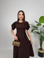2111 BEBE YAKA KUŞAKLI MİDİ ELBİSE - KAHVE