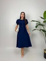 2111 BEBE YAKA KUŞAKLI MİDİ ELBİSE - LACİVERT