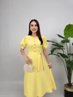 2111 BEBE YAKA KUŞAKLI MİDİ ELBİSE - SARI