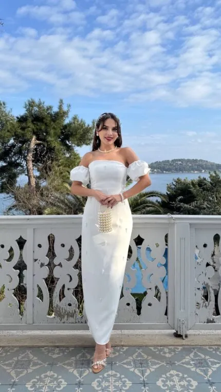 2125 ÖNLER İNCİ DETAY TASARIM ELBİSE - BEYAZ