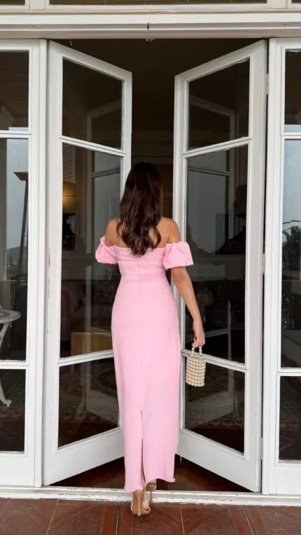 2125 ÖNLER İNCİ DETAY TASARIM ELBİSE - PEMBE