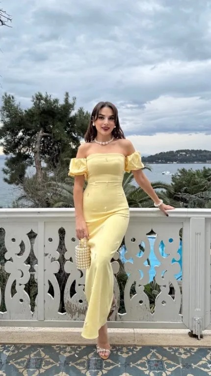 2125 ÖNLER İNCİ DETAY TASARIM ELBİSE - SARI