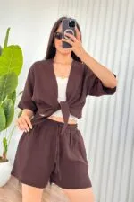Müslin Önden Bağlamalı Kısa Model Toptan Kahve Kimono